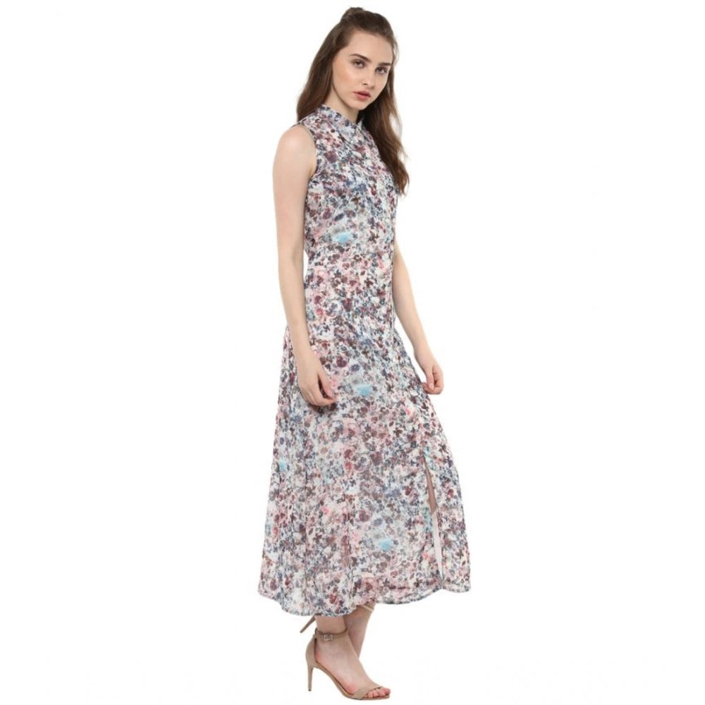 Snuggle Spot Women's Polyester Chiffon Printed Sleeveless Dress (Multicolor)