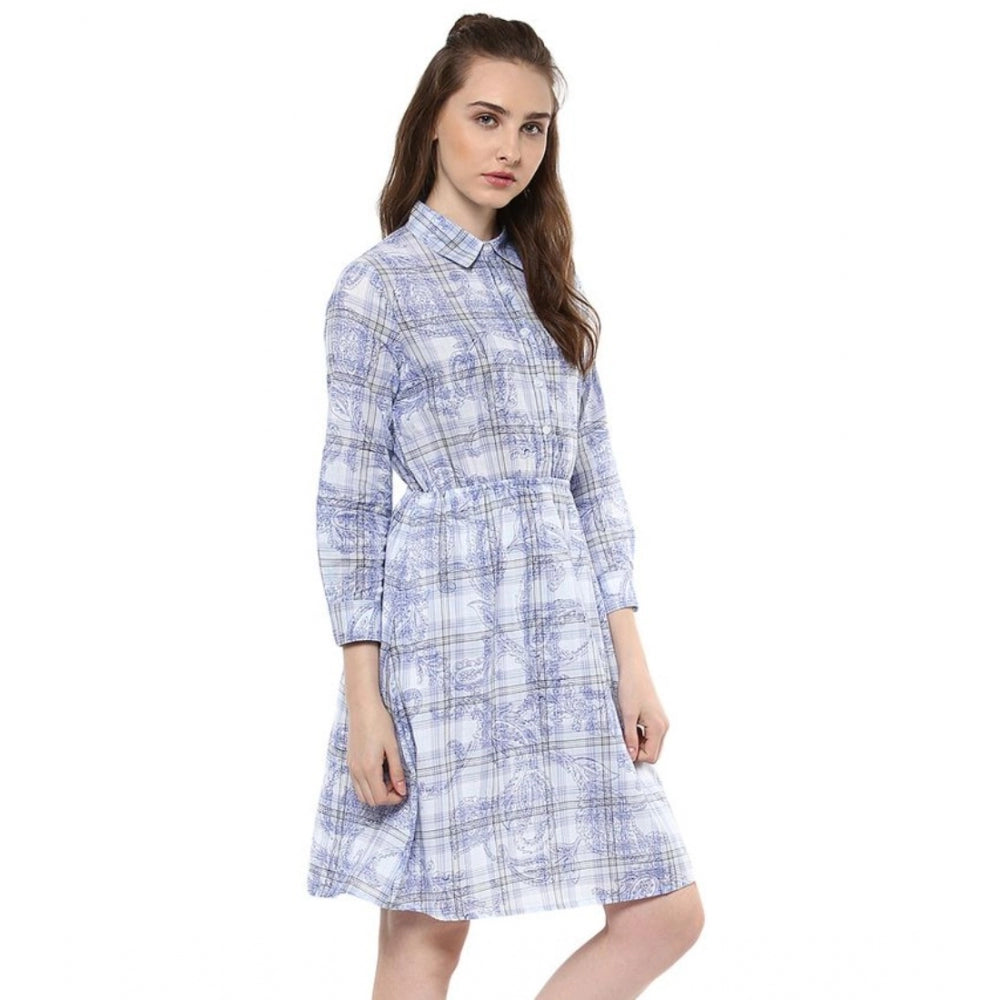 Snuggle Spot Women's Cotton Checkered Roll Up Sleeve Above Knee Dress (Blue)