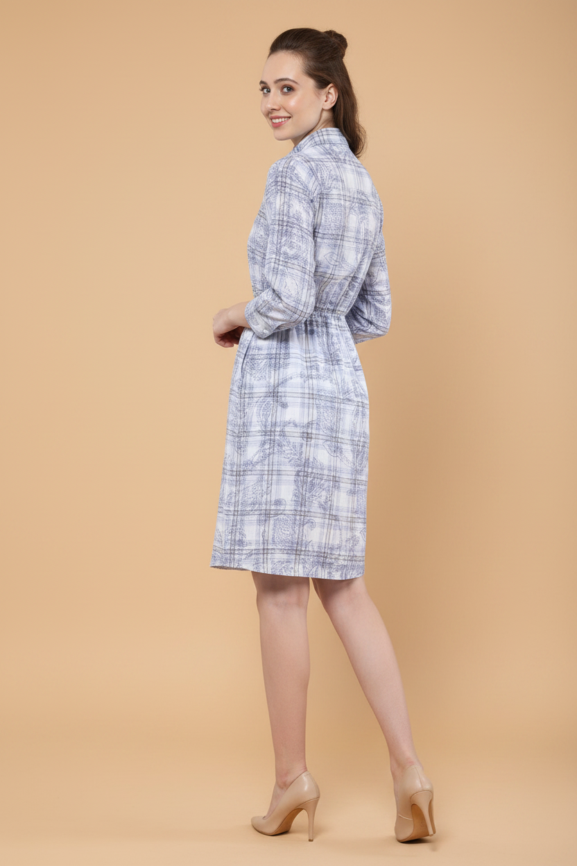 Snuggle Spot Women's Cotton Checkered Roll Up Sleeve Above Knee Dress (Blue)