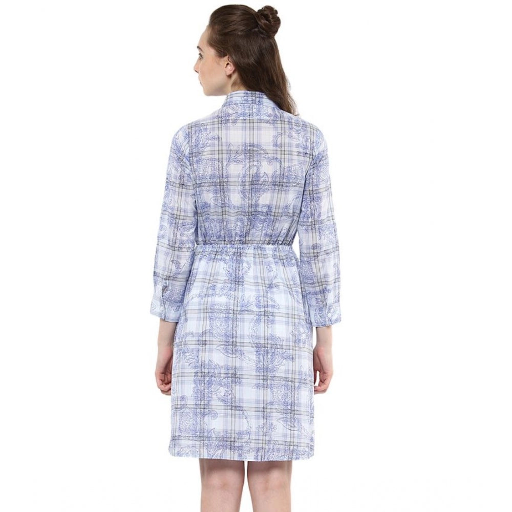 Snuggle Spot Women's Cotton Checkered Roll Up Sleeve Above Knee Dress (Blue)
