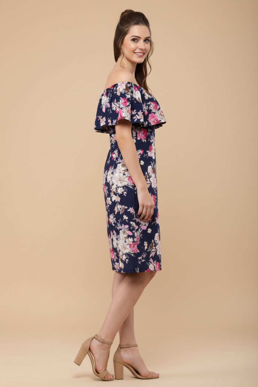 Snuggle Spot Women's Polyester Crepe Floral Half Sleeve Above Knee Dress (Navy Blue)