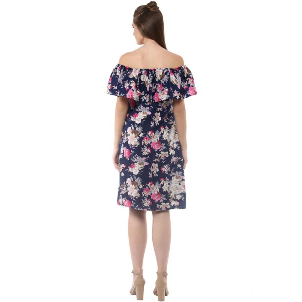 Snuggle Spot Women's Polyester Crepe Floral Half Sleeve Above Knee Dress (Navy Blue)