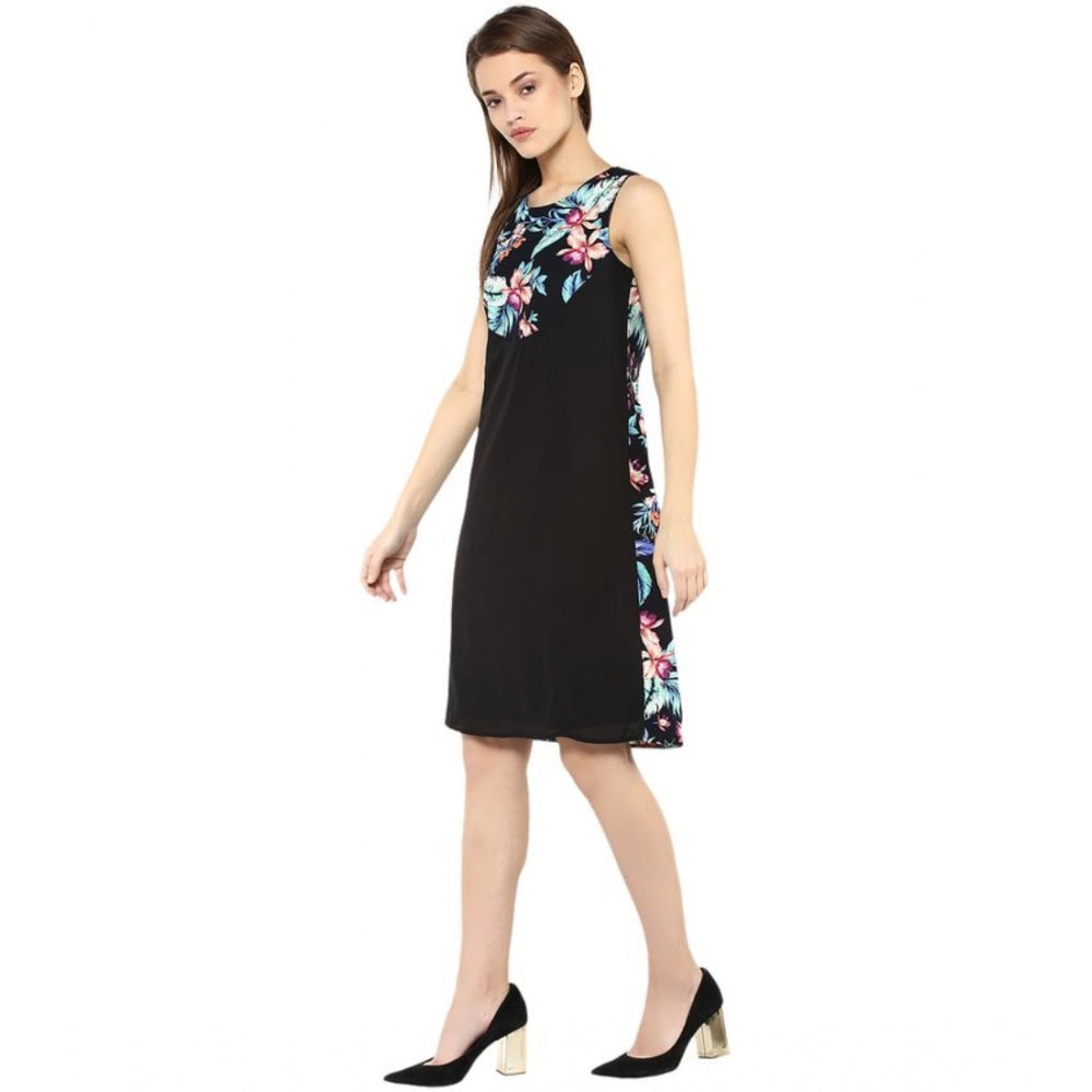 Snuggle Spot Women's Polyester Printed Sleeveless Above Knee Dress (Black - Multicolor)