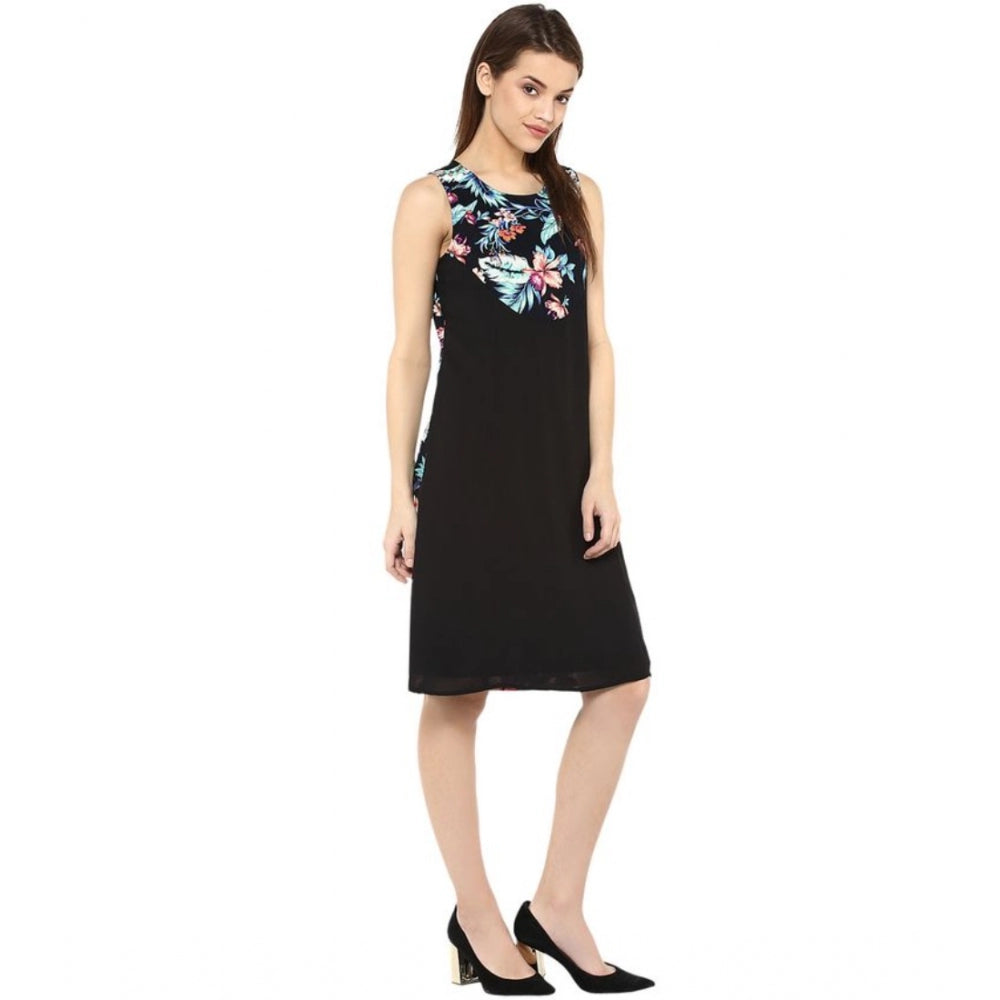 Snuggle Spot Women's Polyester Printed Sleeveless Above Knee Dress (Black - Multicolor)