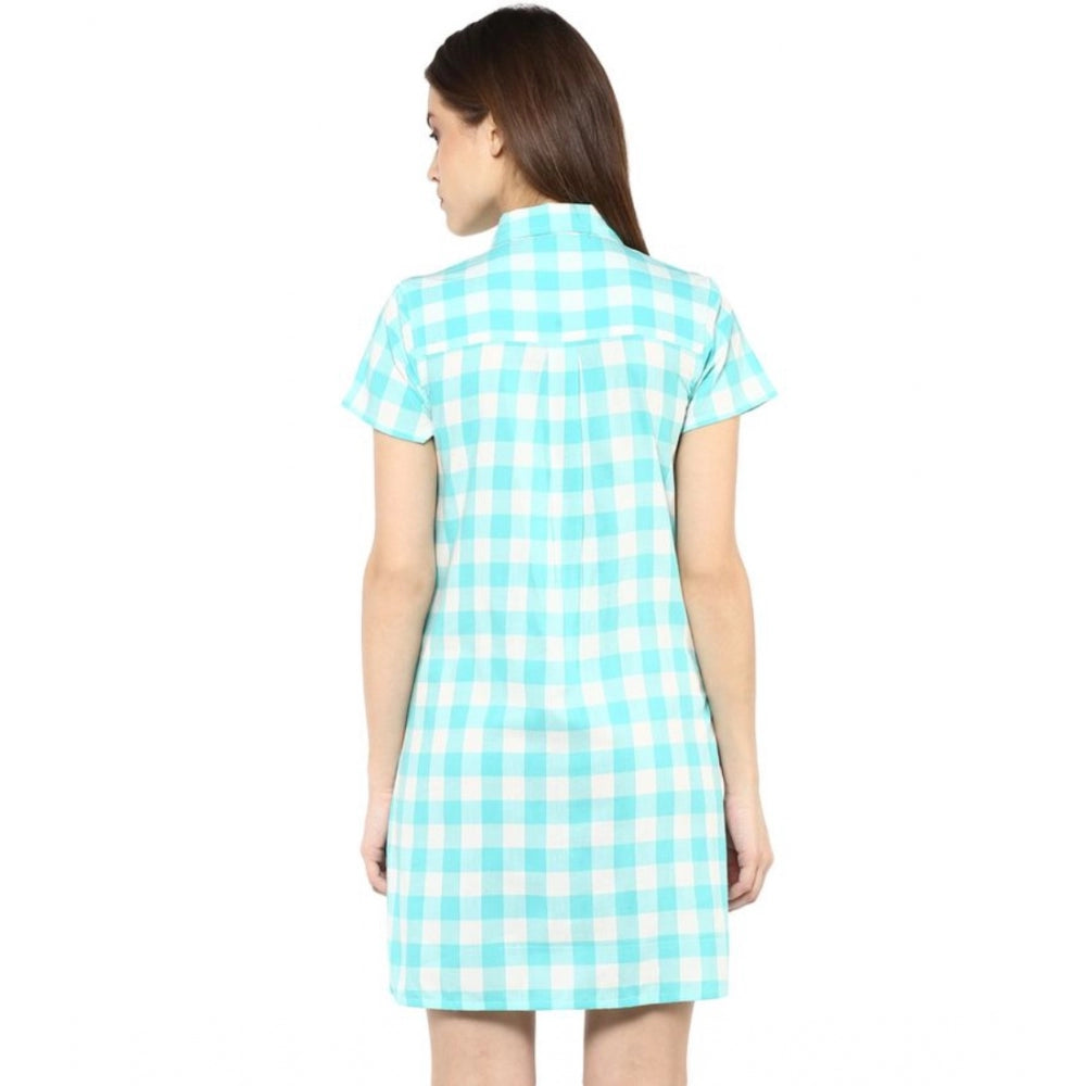 Snuggle Spot Women's Rayon Checkered Short Sleeve Above Knee Dress (SkuBlue - White)