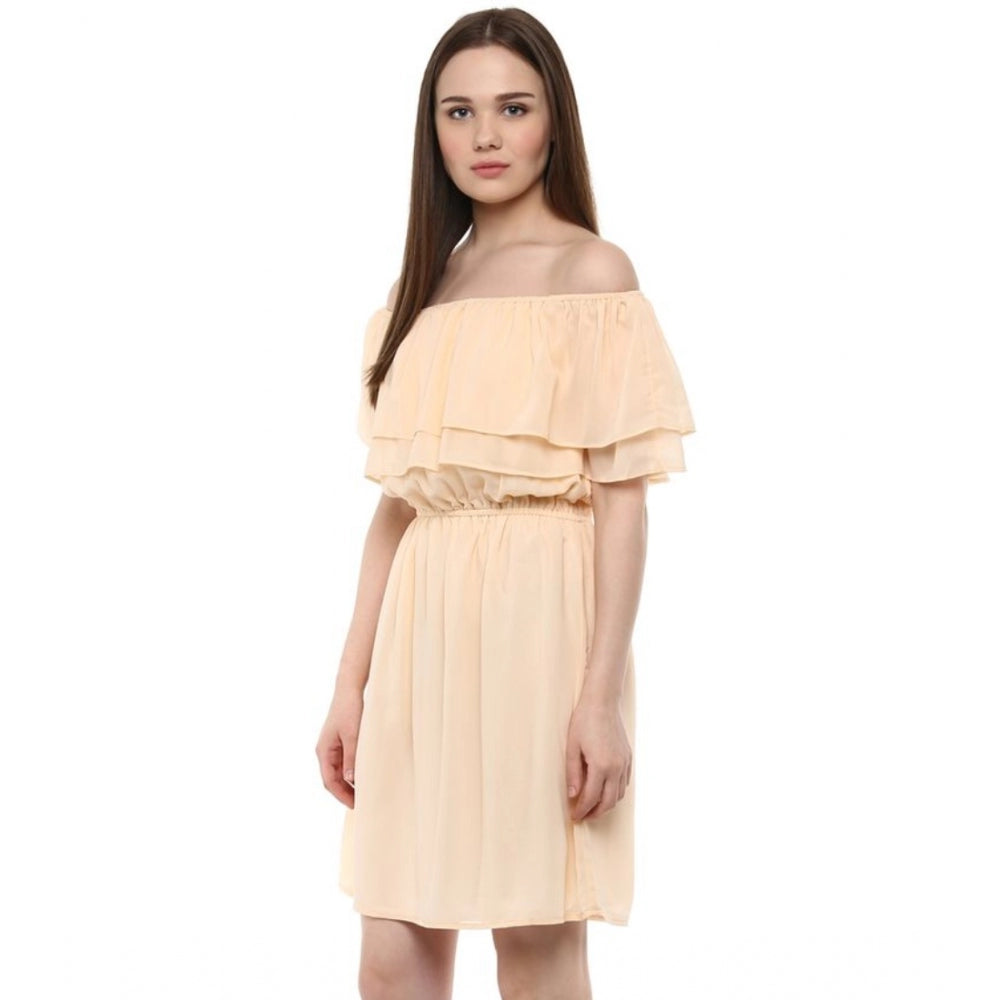 Snuggle Spot Women's Polyester Solid Sleeveless Knee-Length Dress (Beige)
