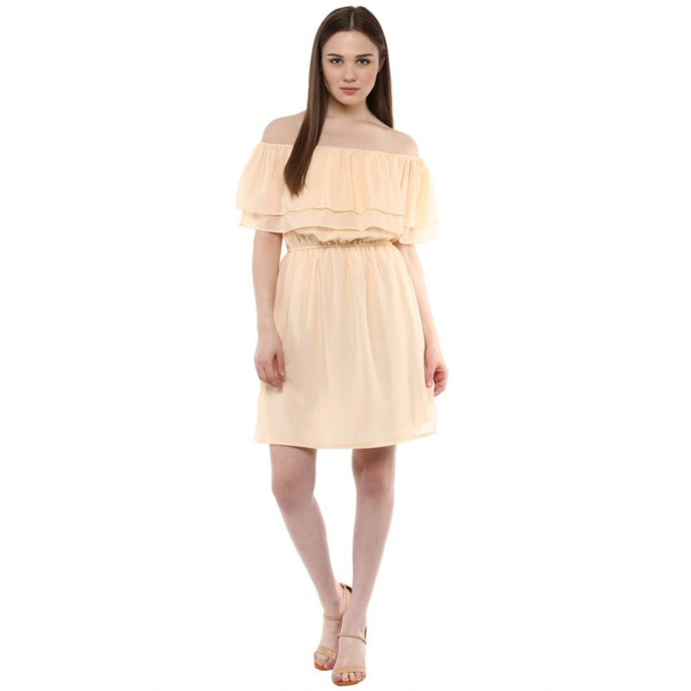 Snuggle Spot Women's Polyester Solid Sleeveless Knee-Length Dress (Beige)