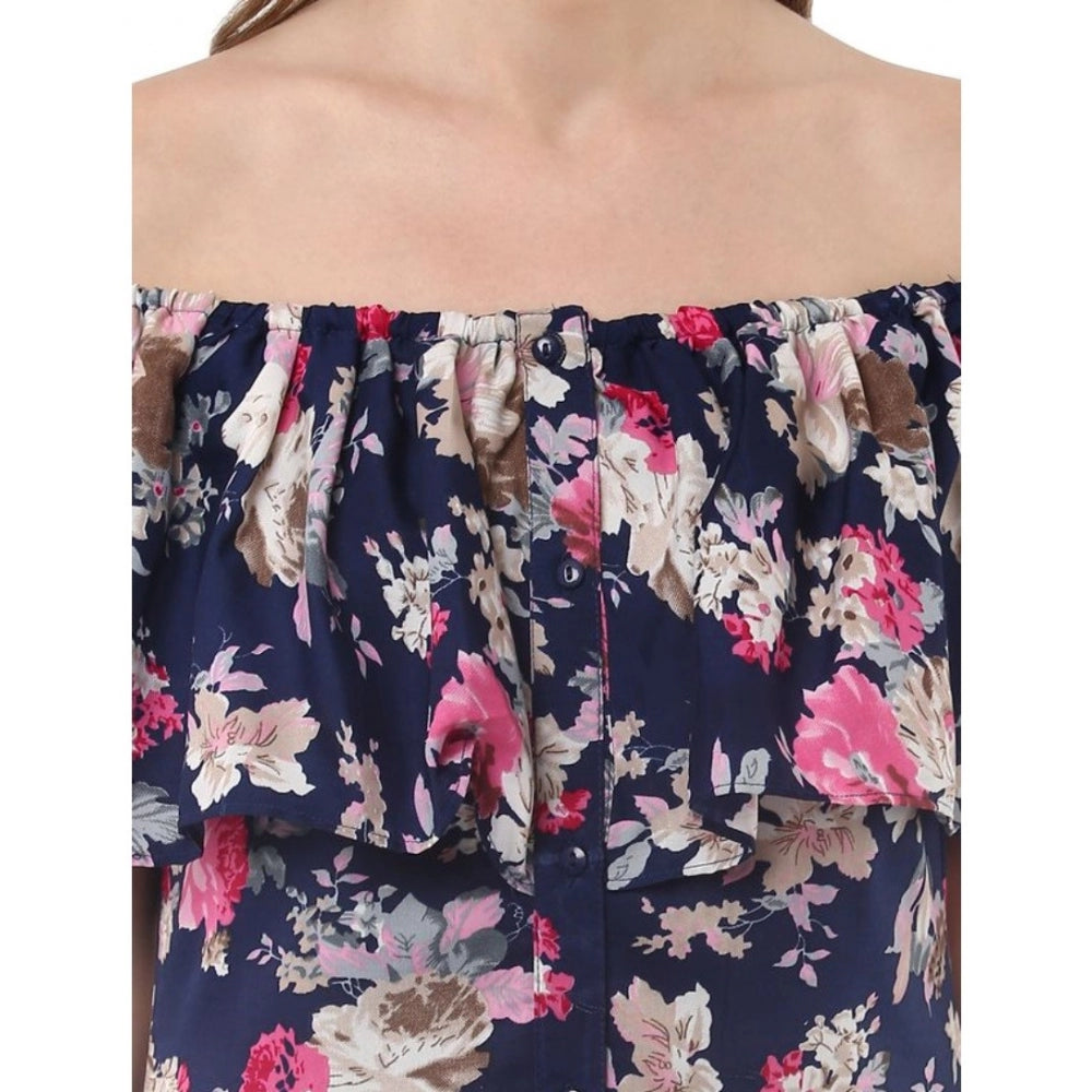 Snuggle Spot Women's Polyester Crepe Floral Half Sleeve Above Knee Dress (Navy Blue)