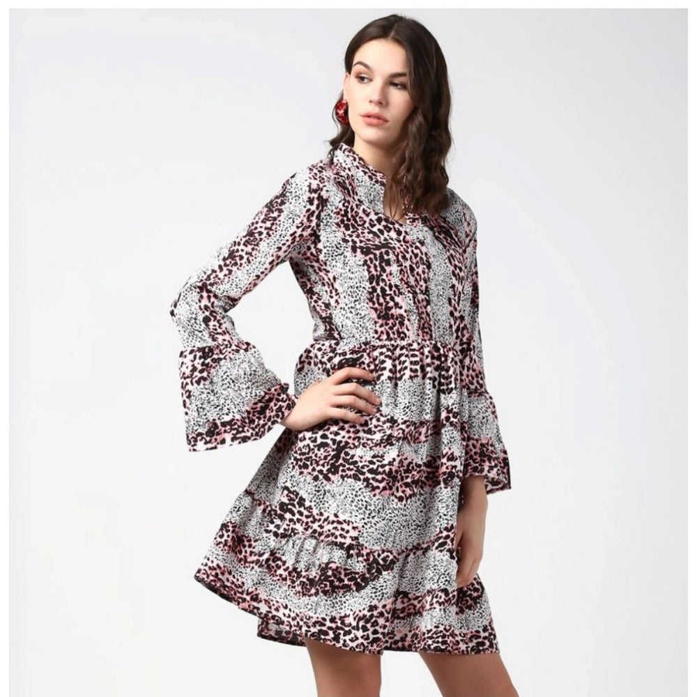 Snuggle Spot Women's Polyester Animal Print Bell Sleeve Above Knee Dress (Pink - Black)