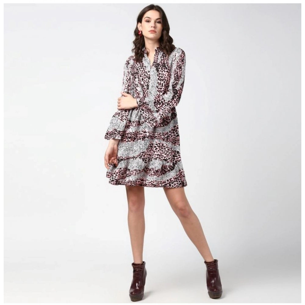 Snuggle Spot Women's Polyester Animal Print Bell Sleeve Above Knee Dress (Pink - Black)