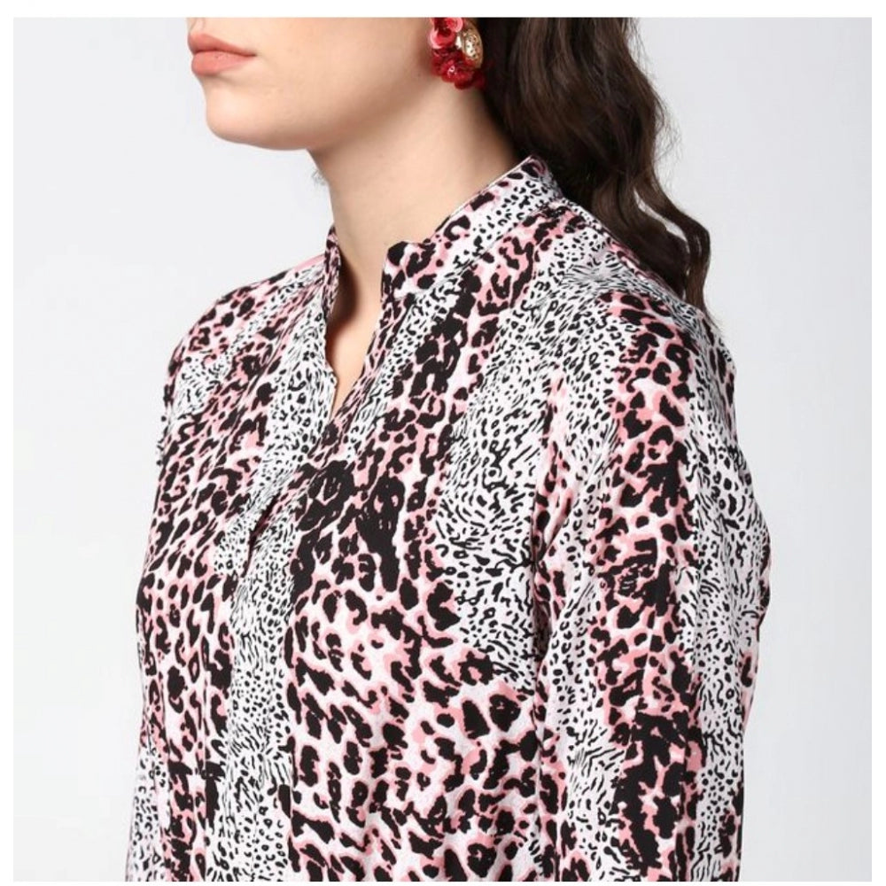 Snuggle Spot Women's Polyester Animal Print Bell Sleeve Above Knee Dress (Pink - Black)