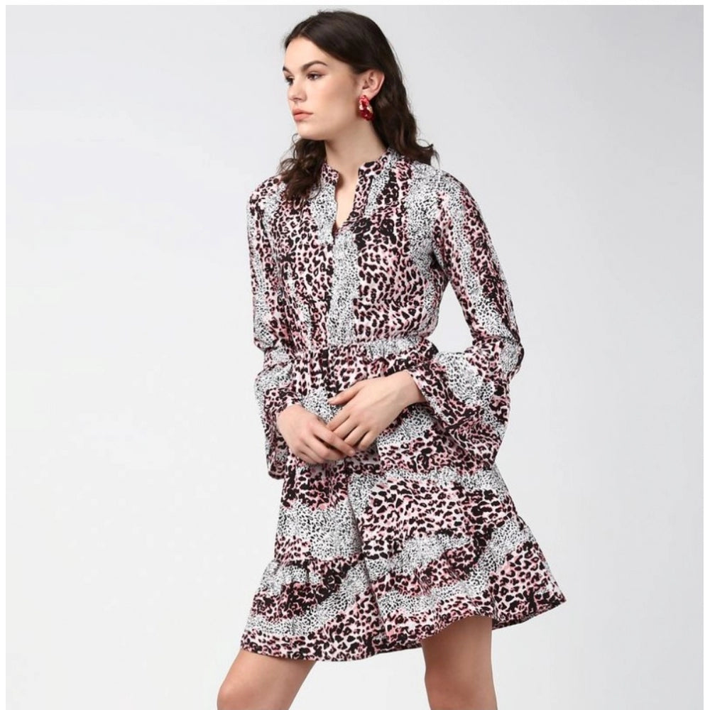 Snuggle Spot Women's Polyester Animal Print Bell Sleeve Above Knee Dress (Pink - Black)