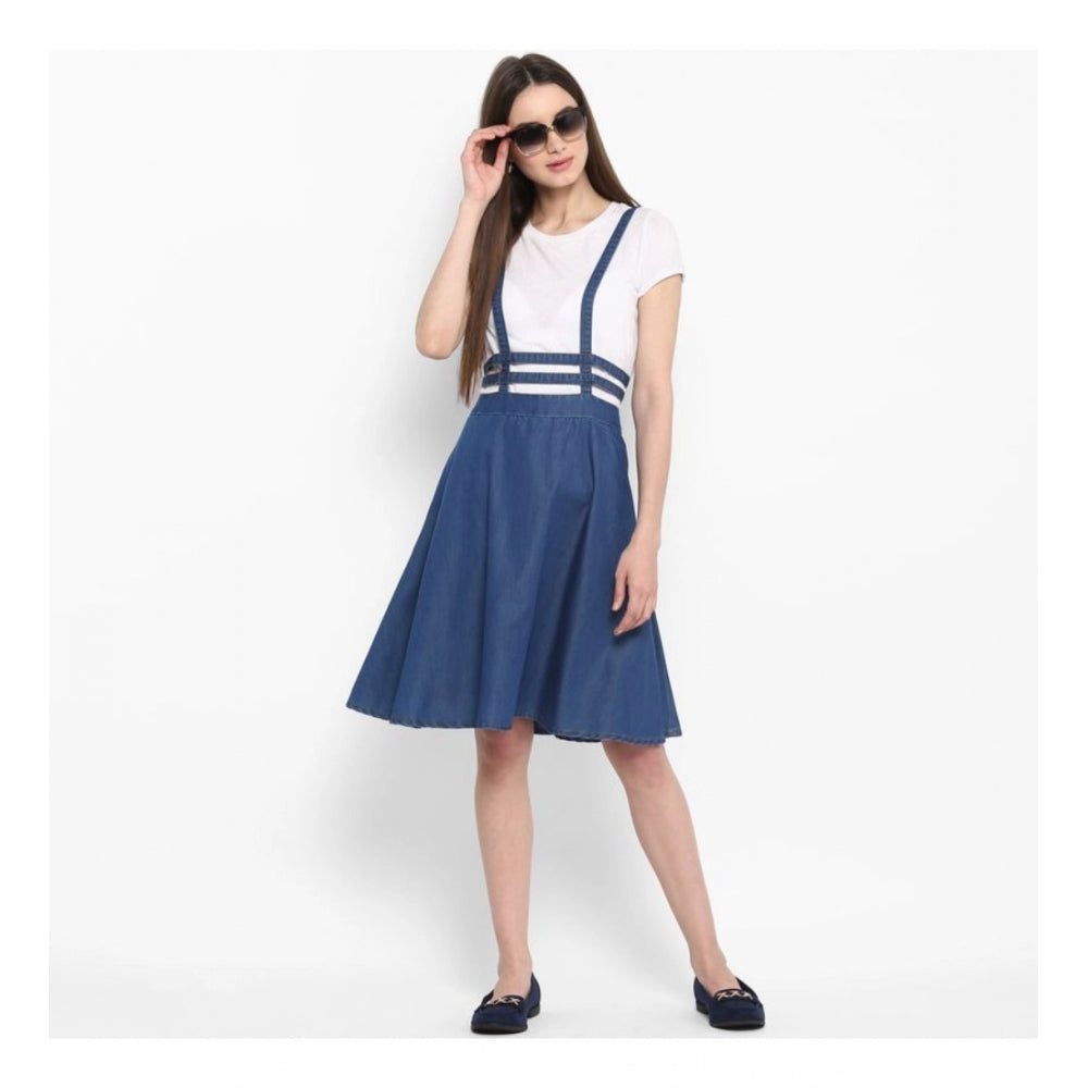 Snuggle Spot Women's Denim Solid Shoulder Straps Below Knee Dress (Blue)