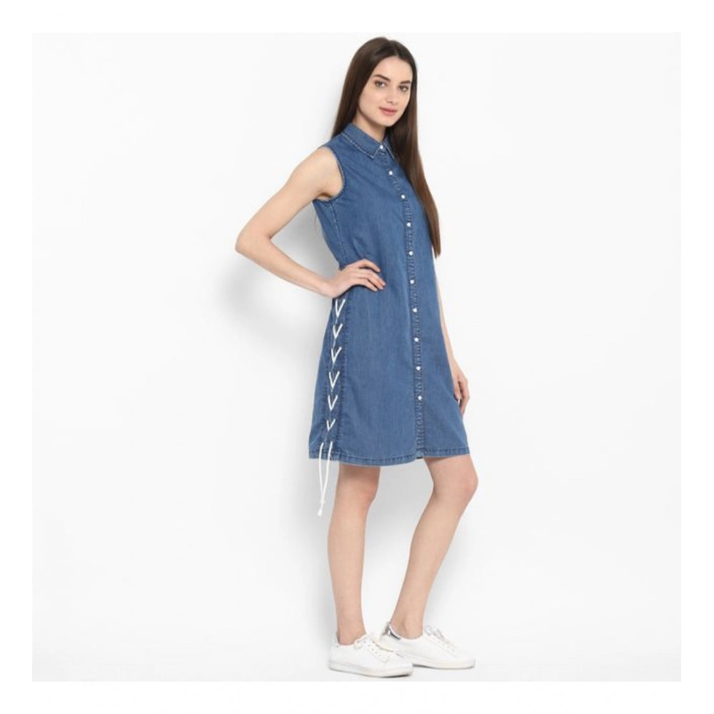 Snuggle Spot Women's Denim Solid Sleeveless Above Knee Dress (Blue)