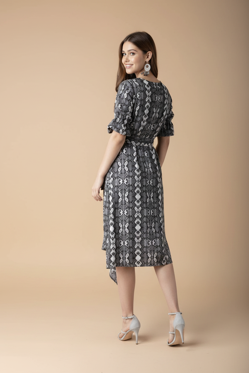 Snuggle Spot Women's Polyester Animal Print Short Sleeve Knee-Length Dress (Black - White)