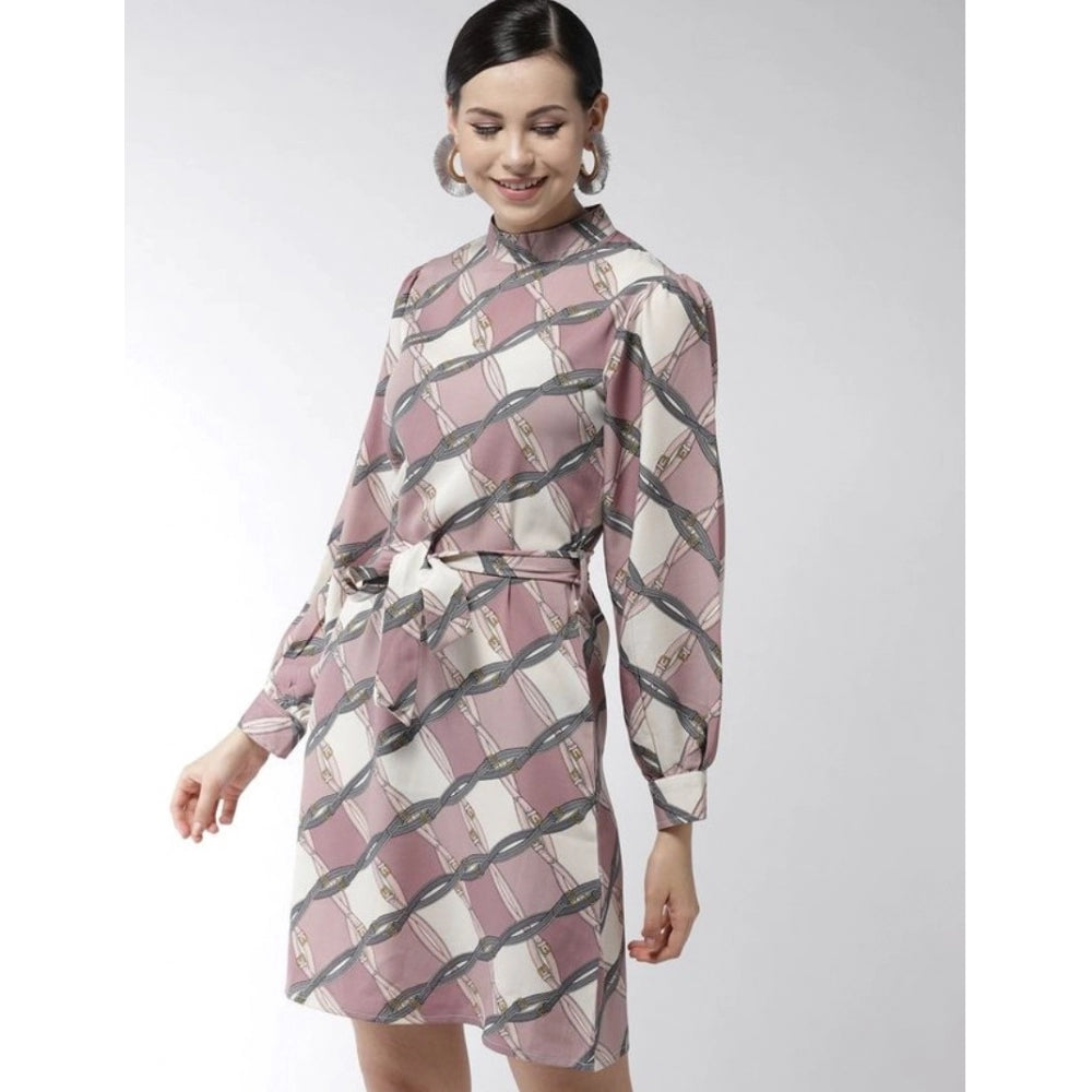 Snuggle Spot Women's Polyester Checkered Long Sleeves Above Knee Dress (Off White - Lavender)