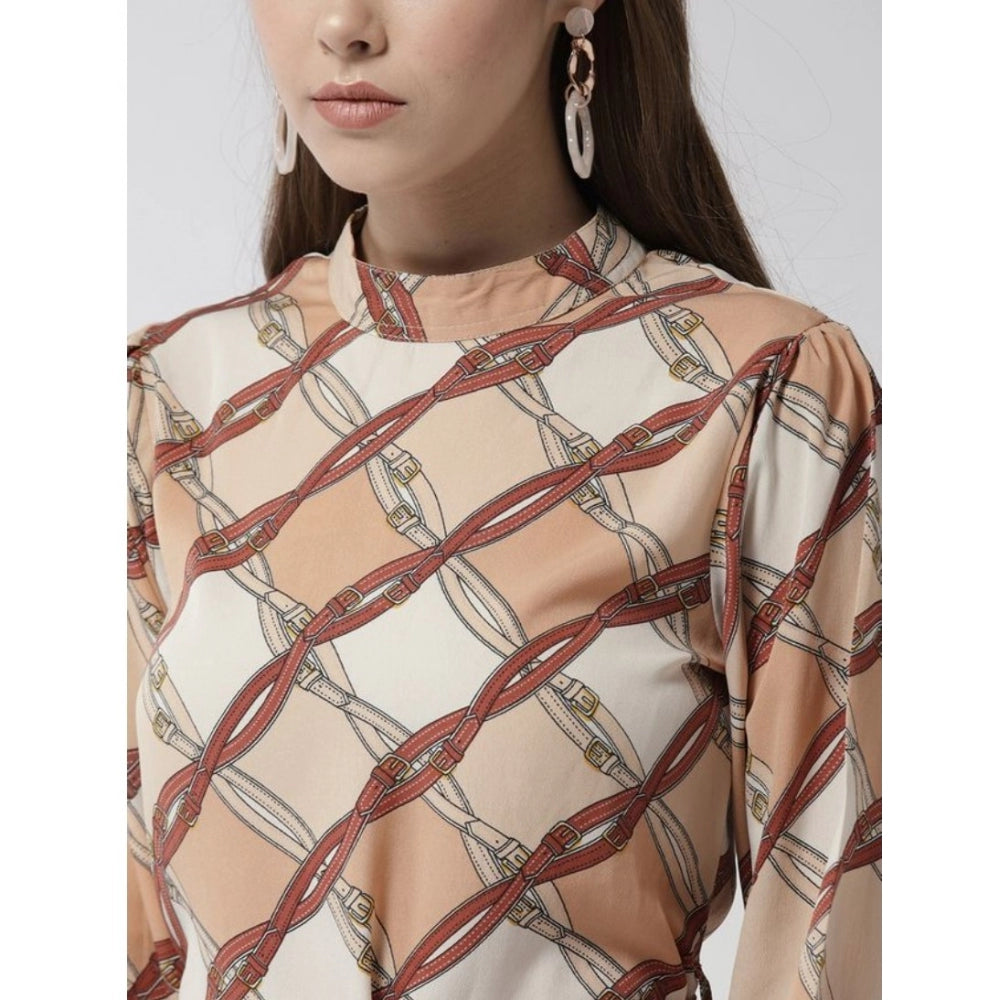 Snuggle Spot Women's Polyester Checkered Long Sleeves Above Knee Dress (Off White - Brown)