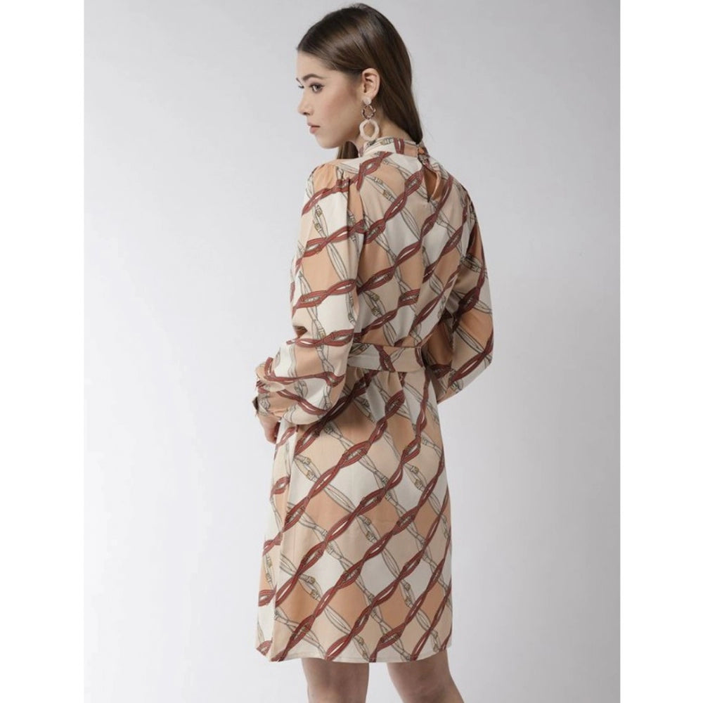 Snuggle Spot Women's Polyester Checkered Long Sleeves Above Knee Dress (Off White - Brown)