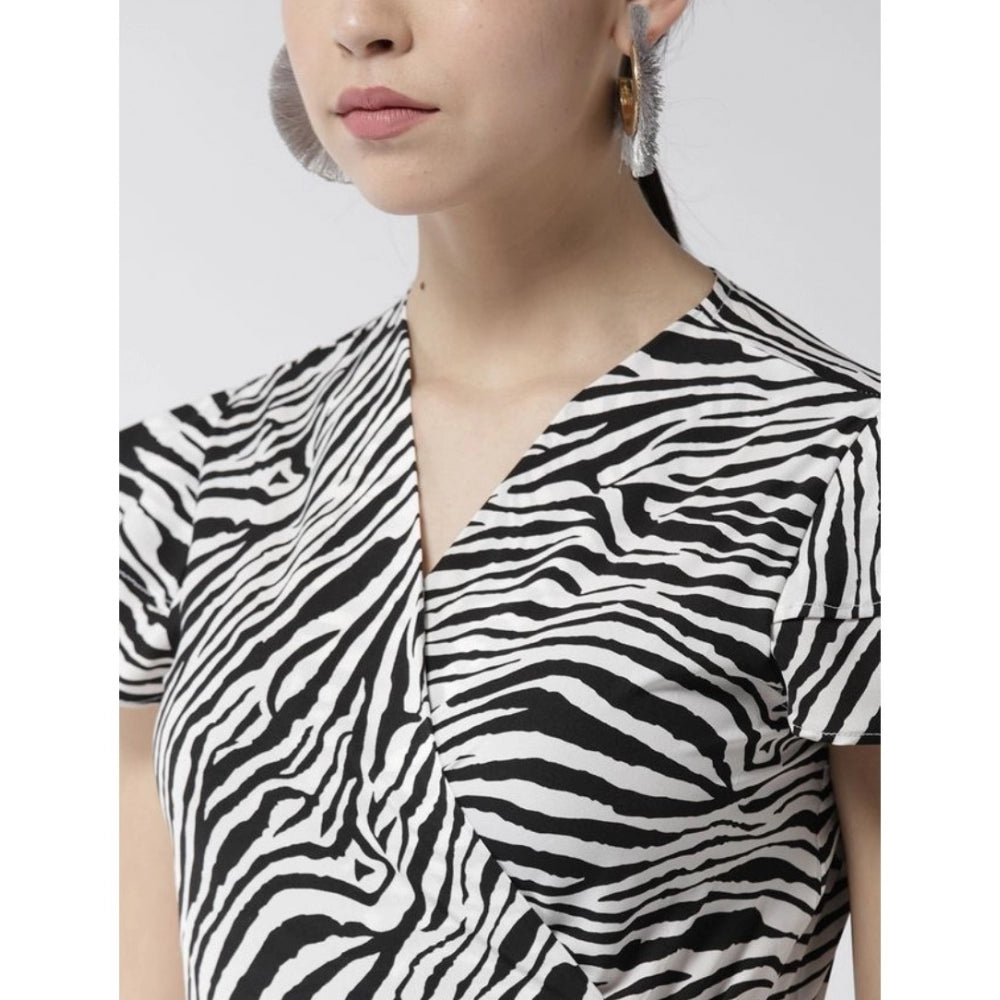 Snuggle Spot Women's Polyester Animal Print Short Sleeve Knee-Length Dress (Black - White)