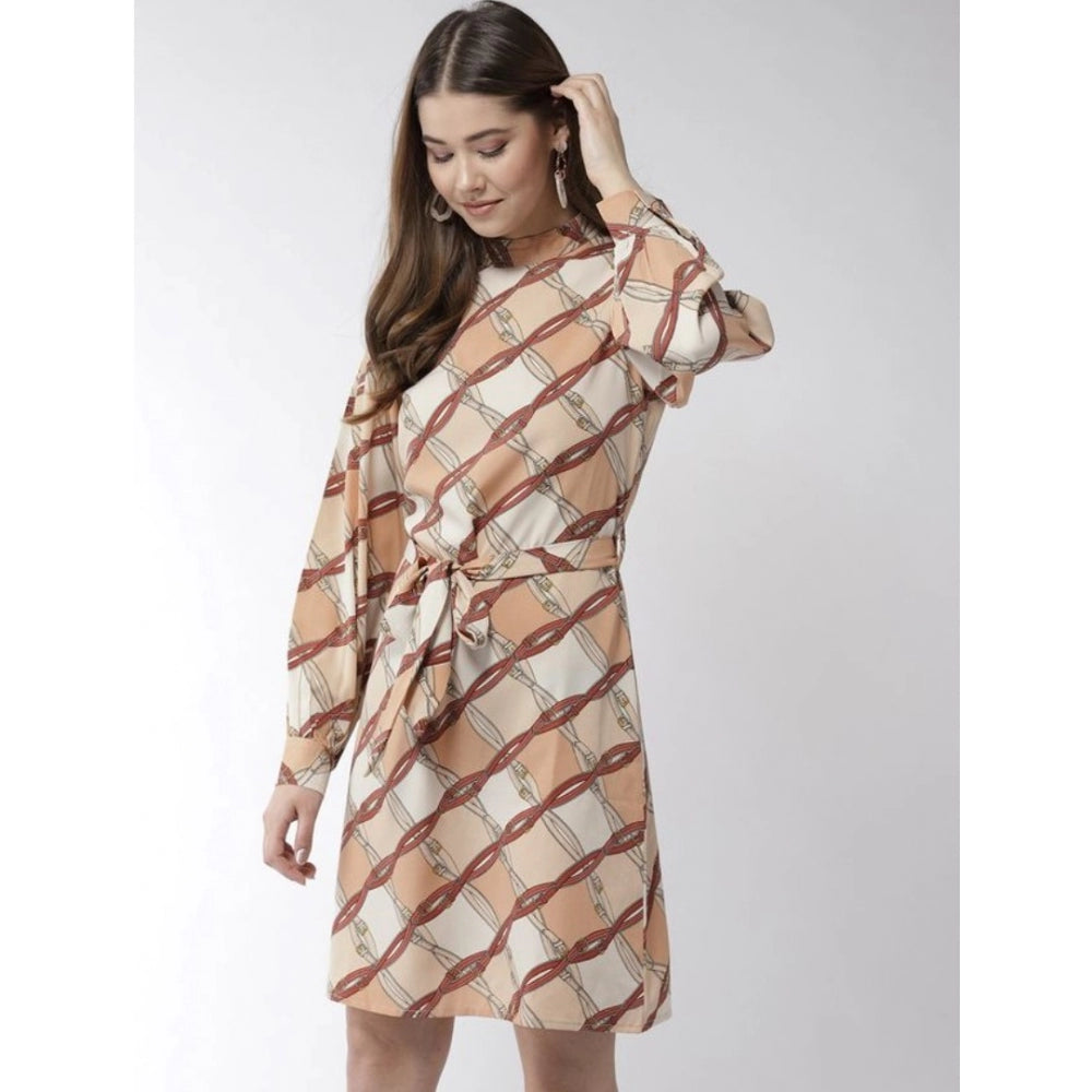 Snuggle Spot Women's Polyester Checkered Long Sleeves Above Knee Dress (Off White - Brown)