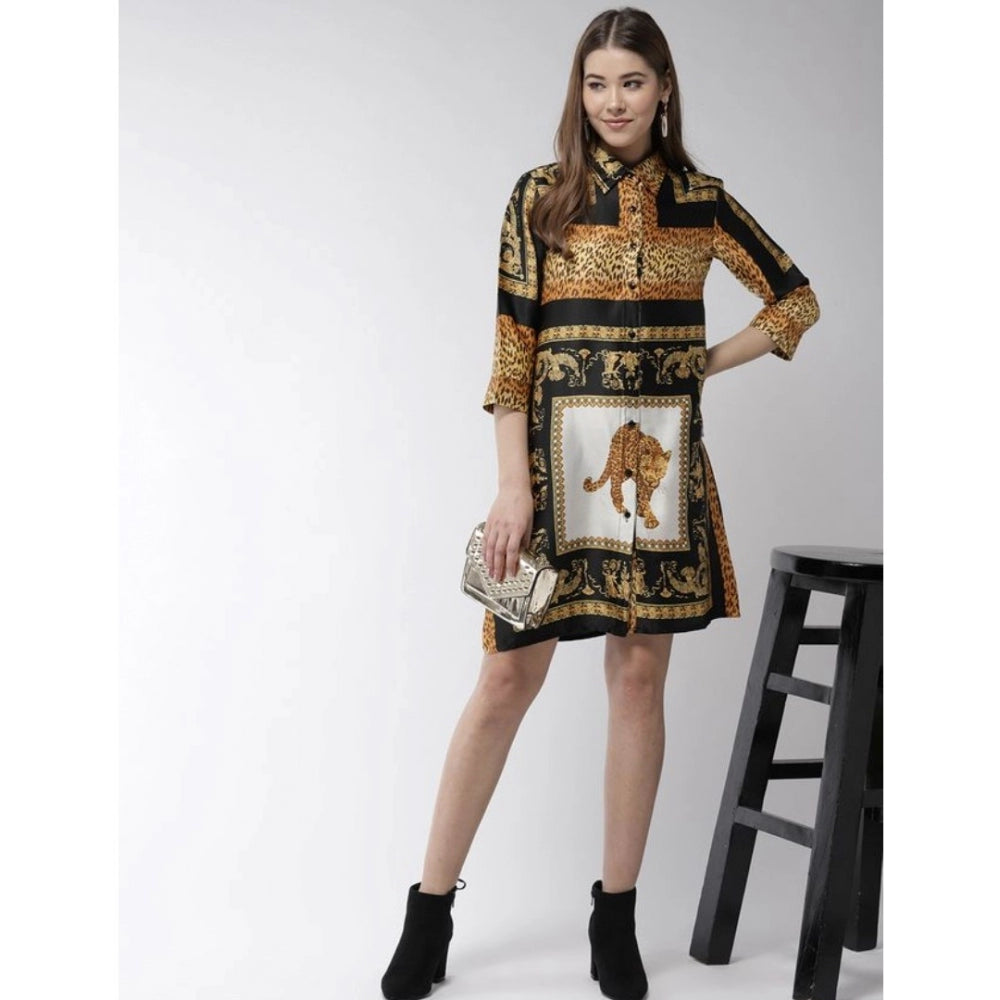 Snuggle Spot Women's Satin Animal Print 3-4th Sleeves Above Knee Dress (White - Orange)