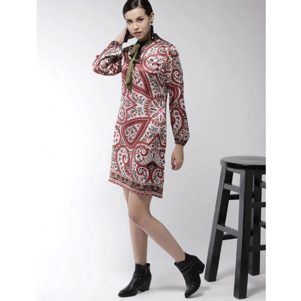 Snuggle Spot Women's Polyester Printed Long Sleeves Above Knee Dress (Red)