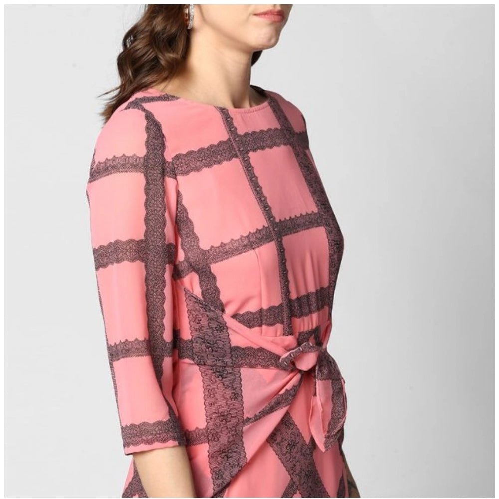 Snuggle Spot Women's Polyester Checkered 3-4th Sleeves Below Knee Dress (Pink - Black)