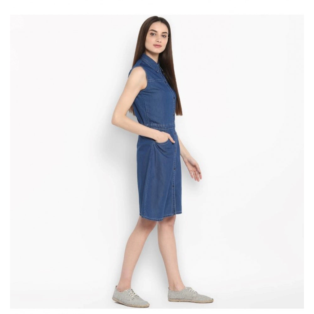 Snuggle Spot Women's Denim Solid Sleeveless Above Knee Dress (Blue)