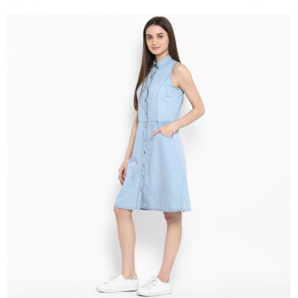 Snuggle Spot Women's Denim Solid Sleeveless Below Knee Dress (Blue)