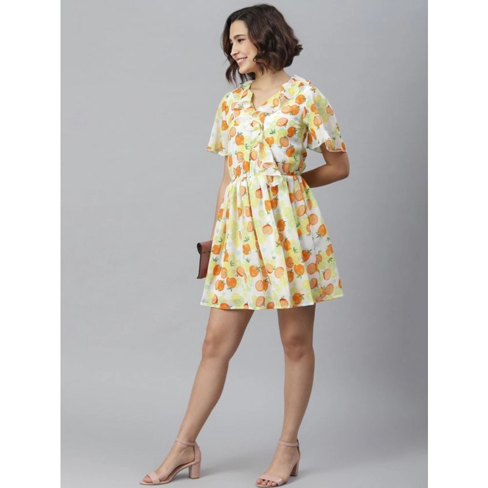 Snuggle Spot Women's Polyester Printed Flutter Above Knee Dress (Yellow - Orange)