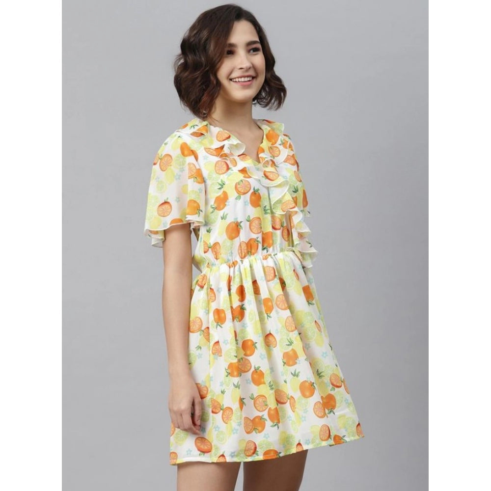 Snuggle Spot Women's Polyester Printed Flutter Above Knee Dress (Yellow - Orange)