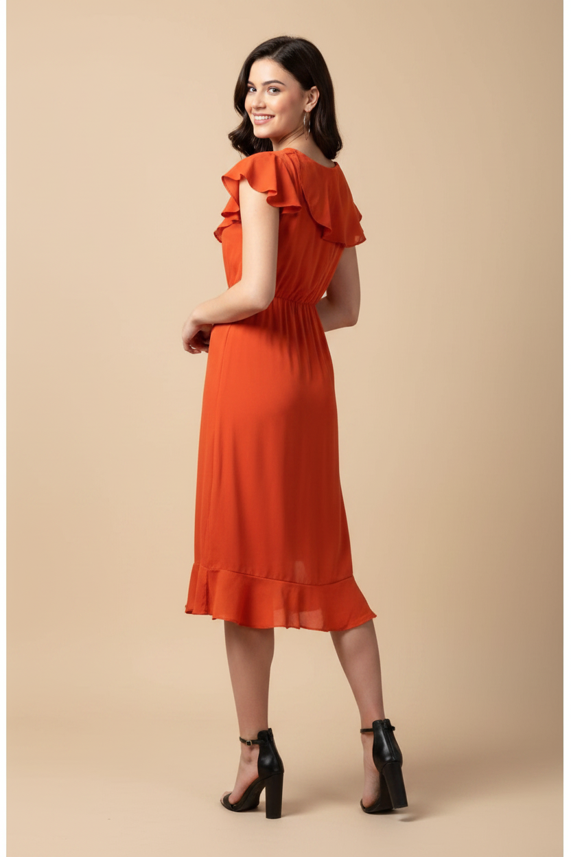 Snuggle Spot Women's Polyester Ruffled Cap Sleeve Knee-Length Dress (Orange)