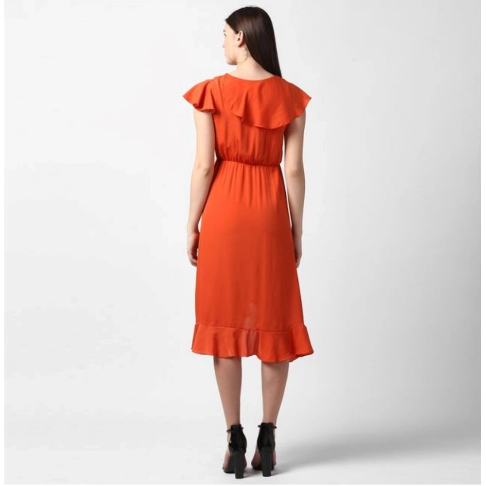 Snuggle Spot Women's Polyester Ruffled Cap Sleeve Knee-Length Dress (Orange)