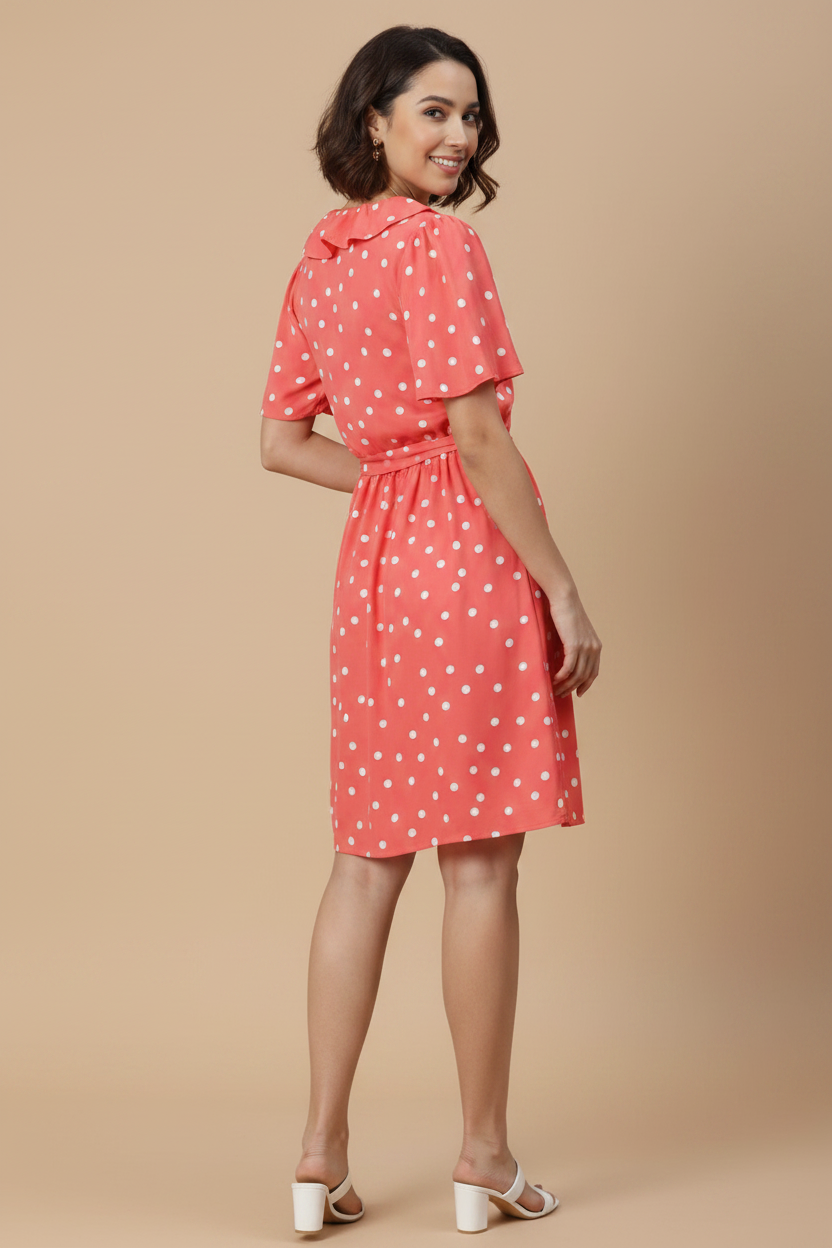 Snuggle Spot Women's Polyester Polka Flutter Above Knee Dress (Coral)