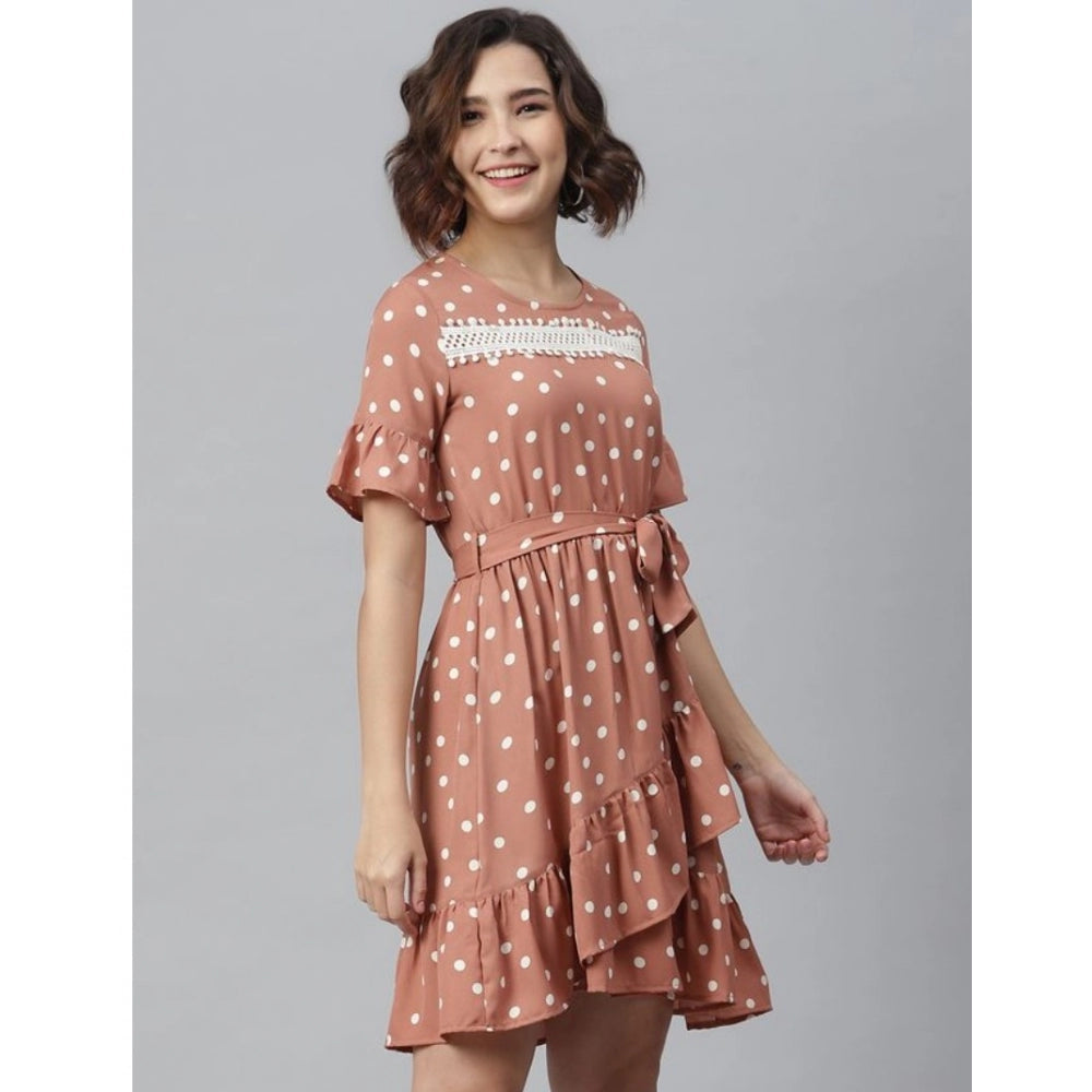 Snuggle Spot Women's Polyester Polka Bell Sleeve Above Knee Dress (Brown)
