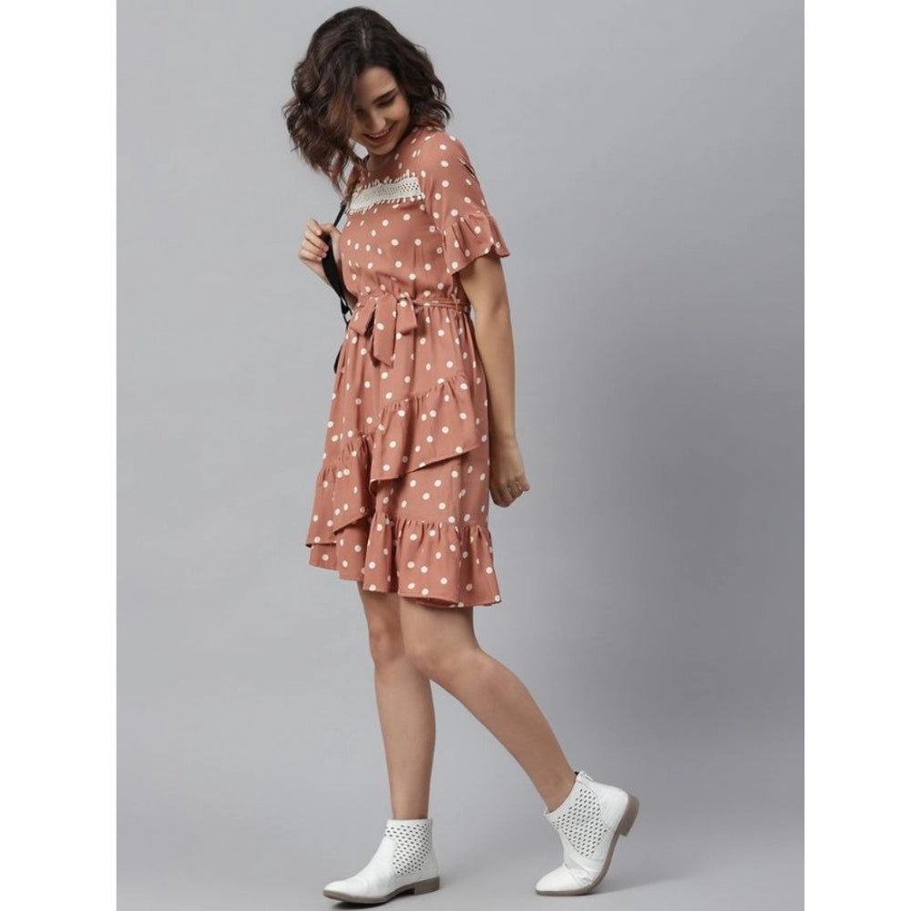 Snuggle Spot Women's Polyester Polka Bell Sleeve Above Knee Dress (Brown)