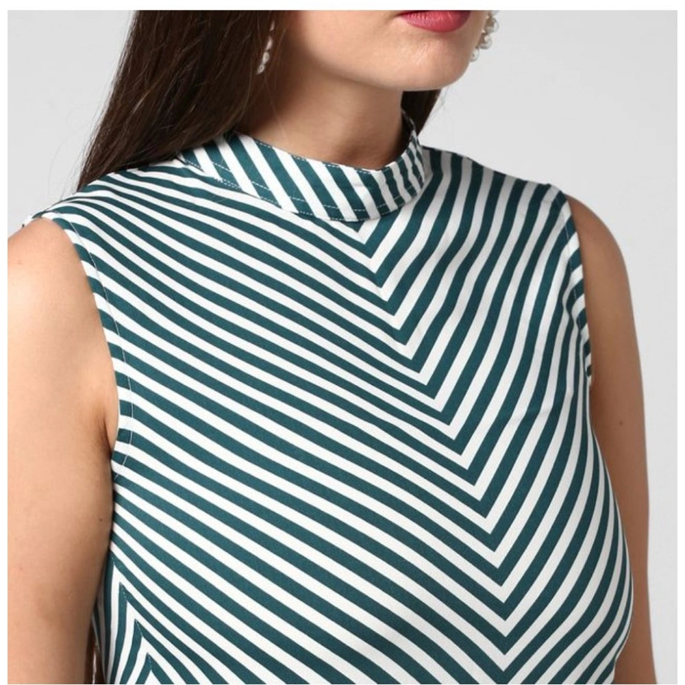 Snuggle Spot Women's Polyester Striped Sleeveless Above Knee Dress (Green)