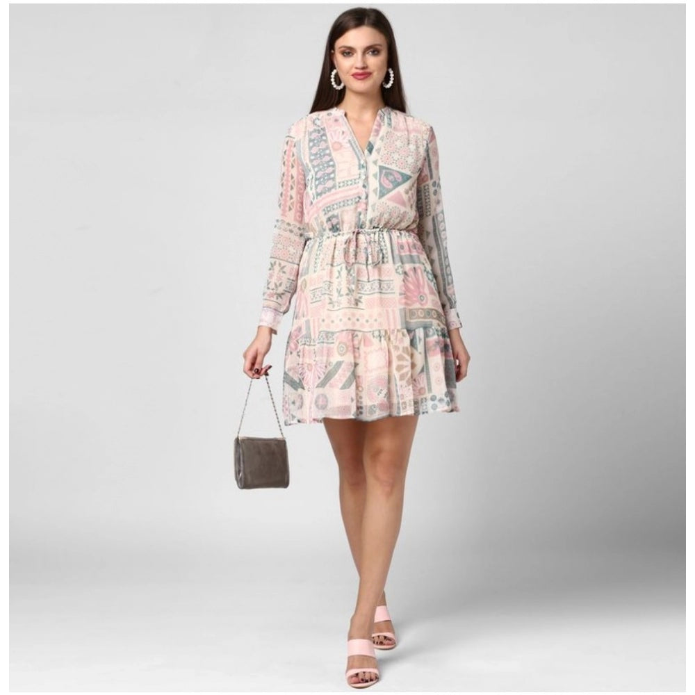Snuggle Spot Women's Polyester Printed Long Sleeves Above Knee Dress (Light Pink - Off White)