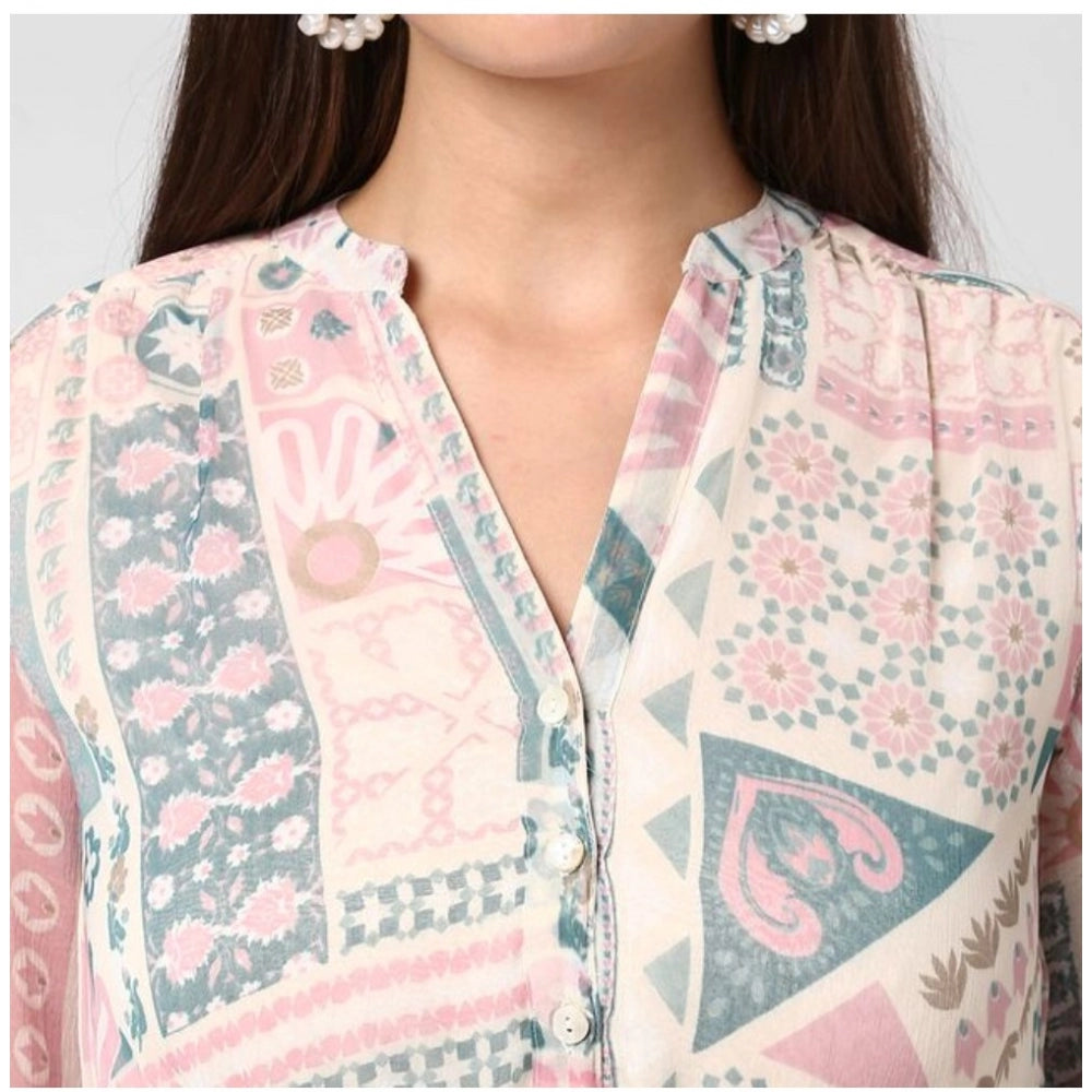 Snuggle Spot Women's Polyester Printed Long Sleeves Above Knee Dress (Light Pink - Off White)