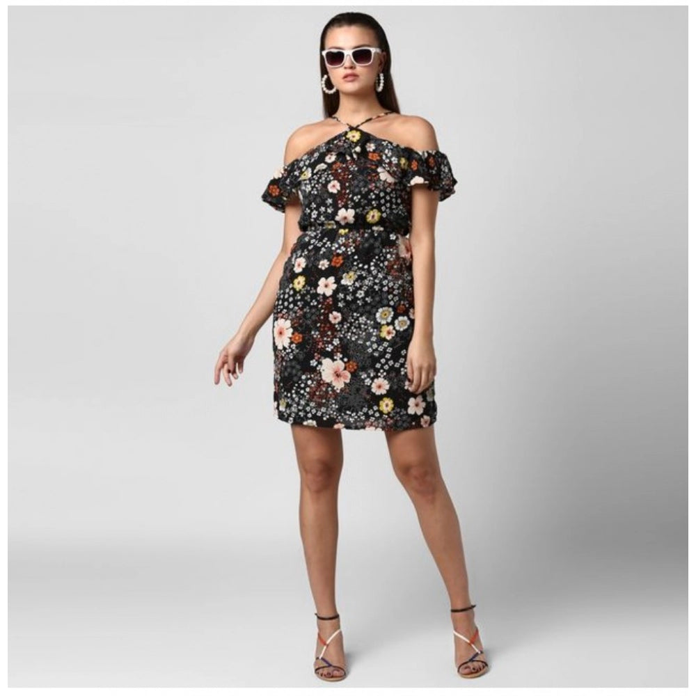 Snuggle Spot Women's Polyester Floral Cold Shoulder Above Knee Dress (Black)