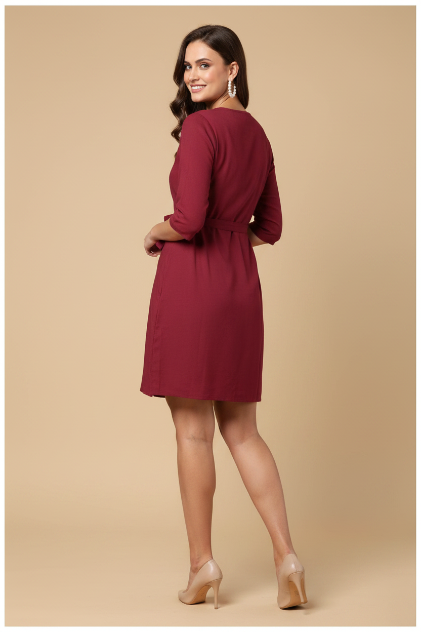 Snuggle Spot Women's Cotton Solid 3-4th Sleeves Above Knee Dress (Maroon)