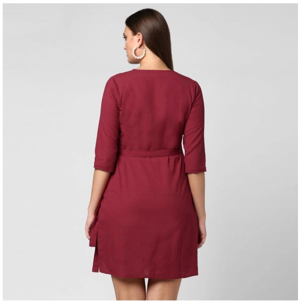 Snuggle Spot Women's Cotton Solid 3-4th Sleeves Above Knee Dress (Maroon)