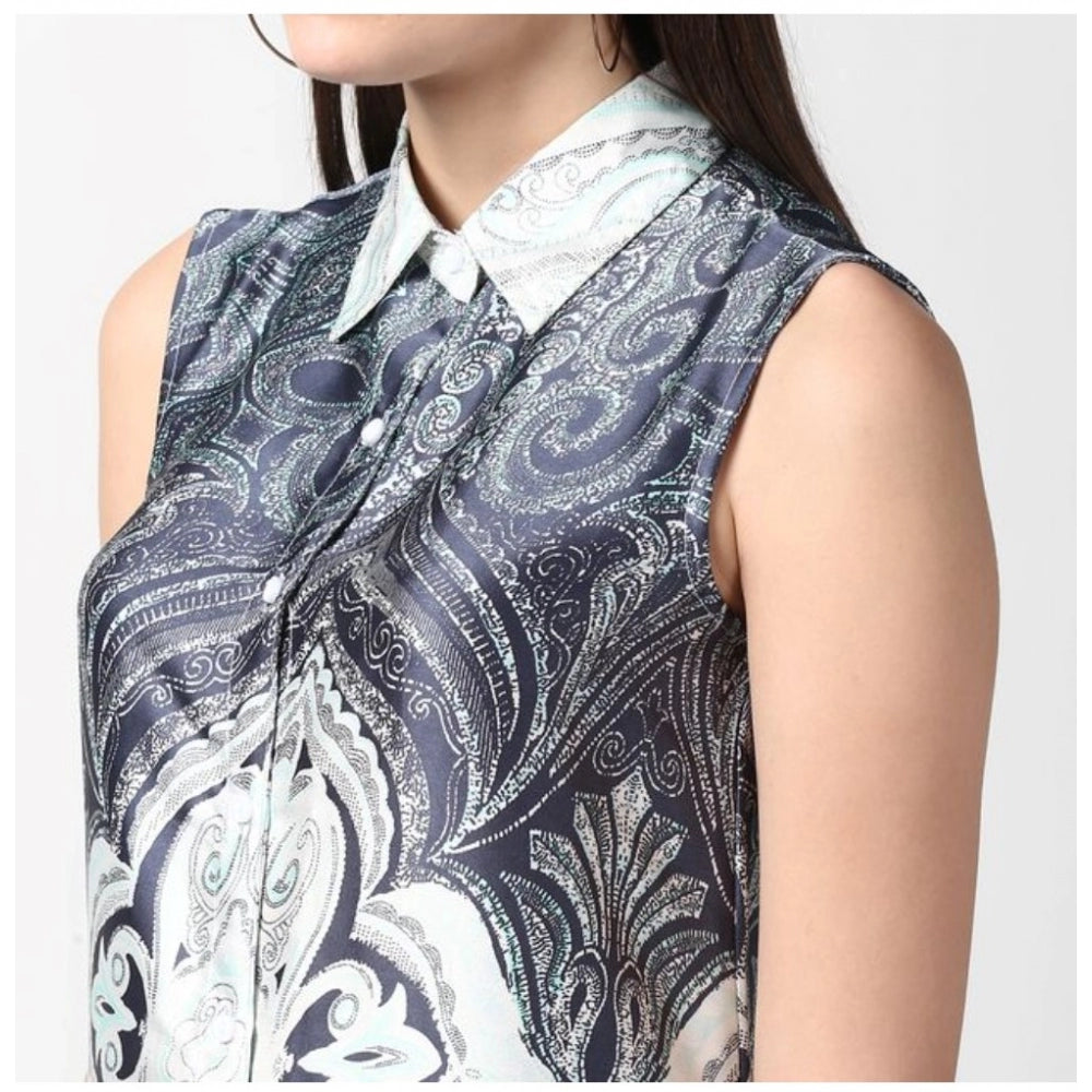 Snuggle Spot Women's Polyester Printed Sleeveless Above Knee Dress (Blue)