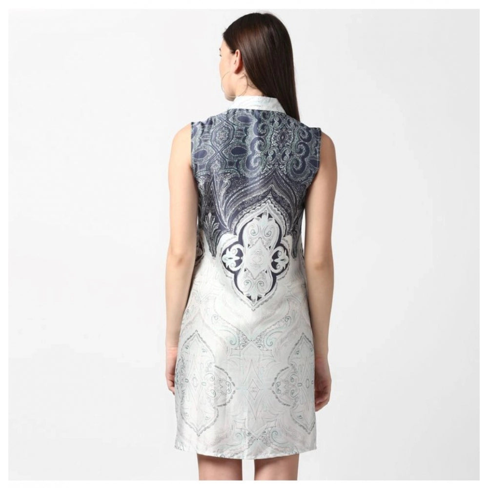 Snuggle Spot Women's Polyester Printed Sleeveless Above Knee Dress (Blue)