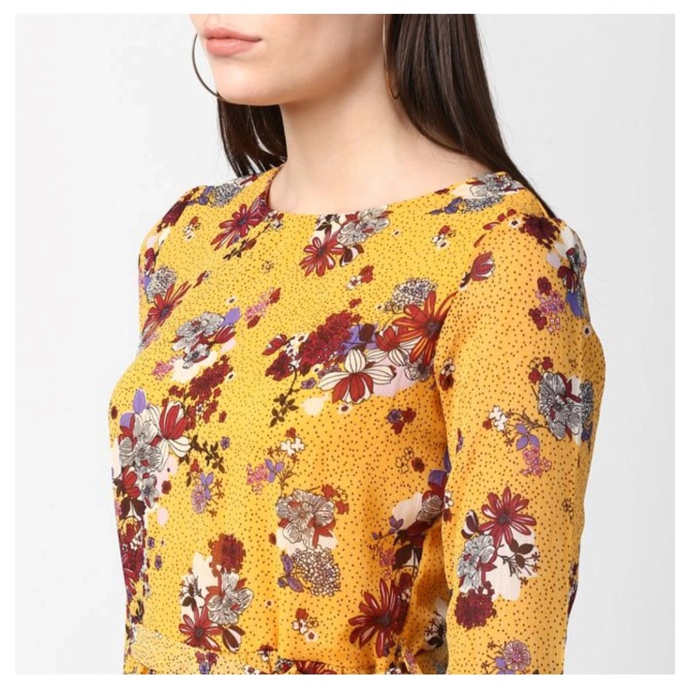 Snuggle Spot Women's Polyester Floral Long Sleeves Calf-length Dress (Yellow)