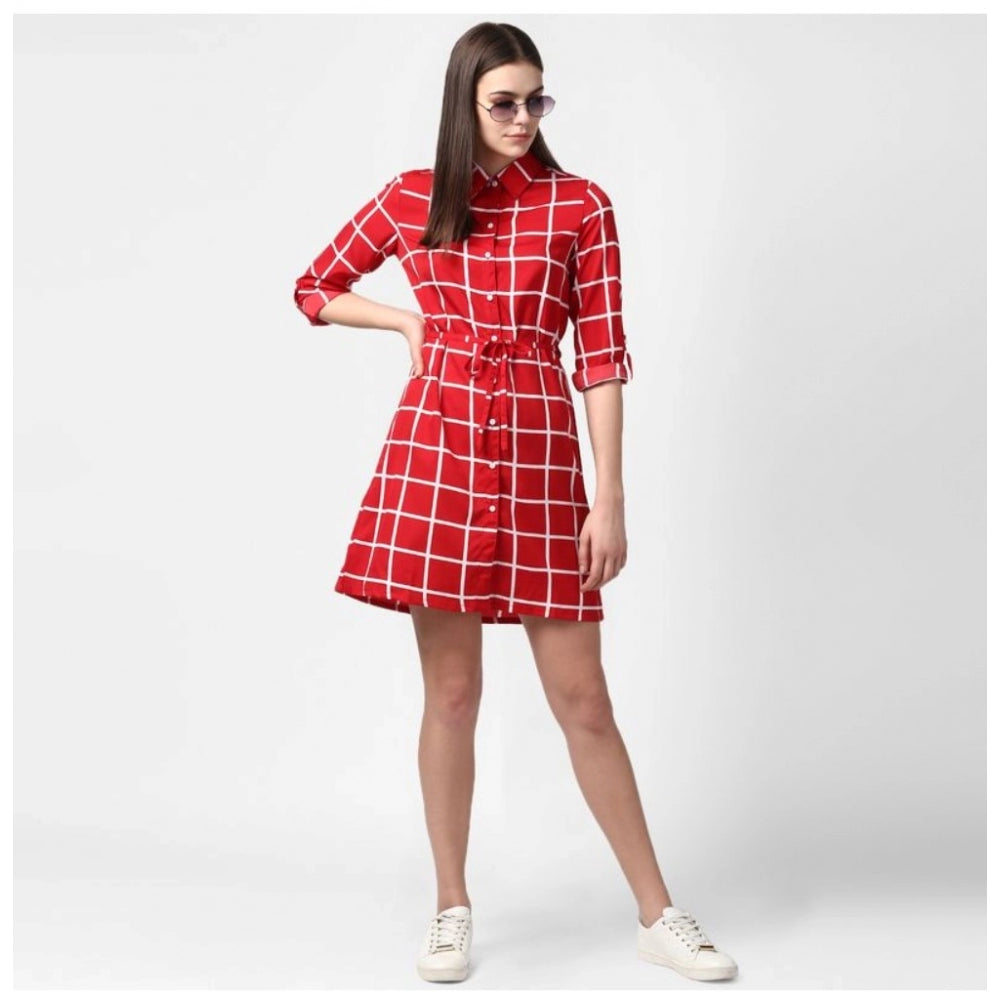Snuggle Spot Women's Polyester Checkered Long Sleeves Above Knee Dress (Red)