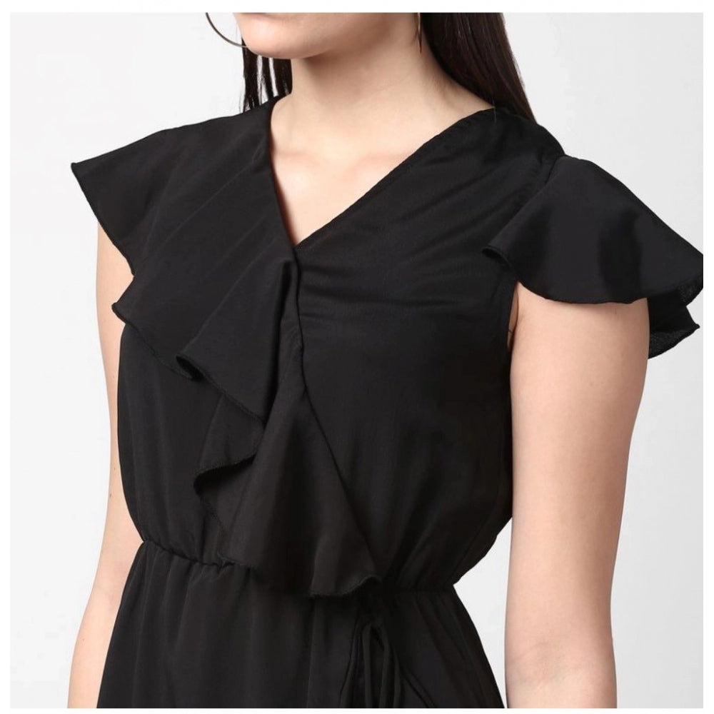 Snuggle Spot Women's Polyester Ruffled Cap Sleeve Knee-Length Dress (Black)