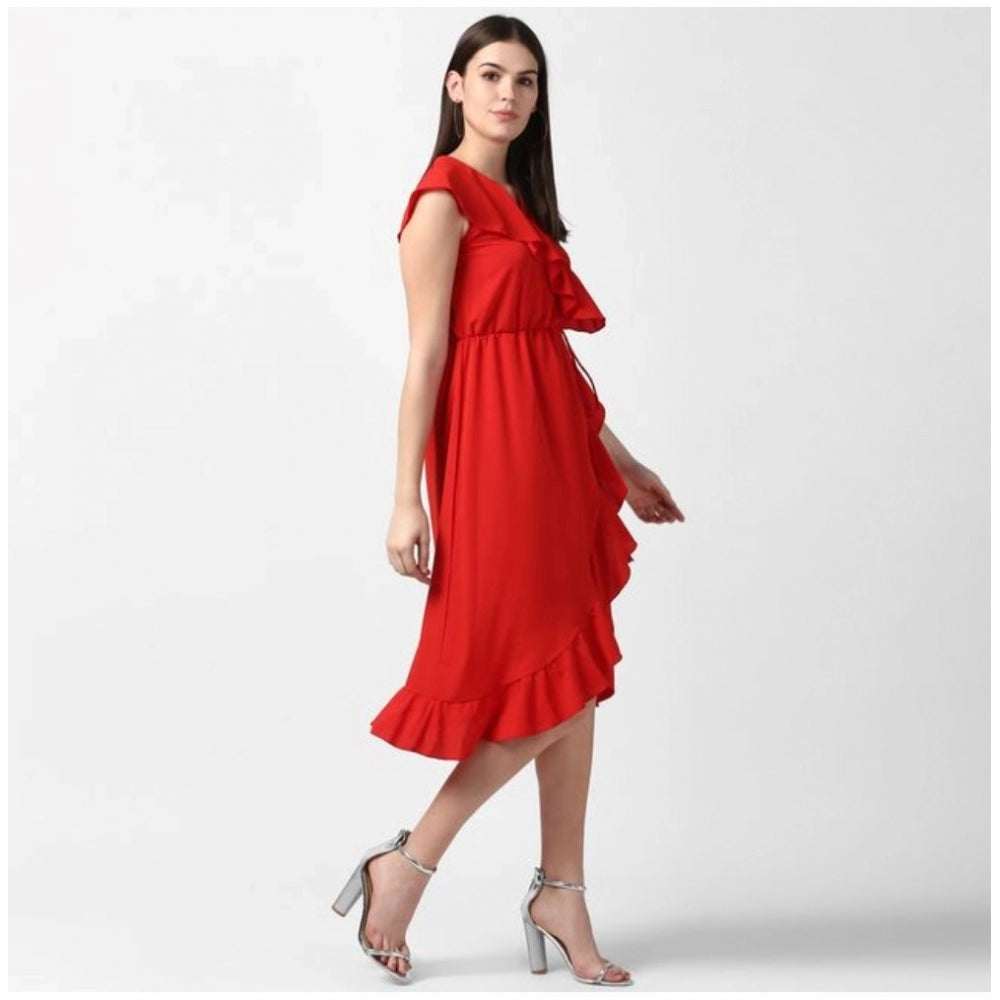 Snuggle Spot Women's Polyester Ruffled Cap Sleeve Knee-Length Dress (Red)