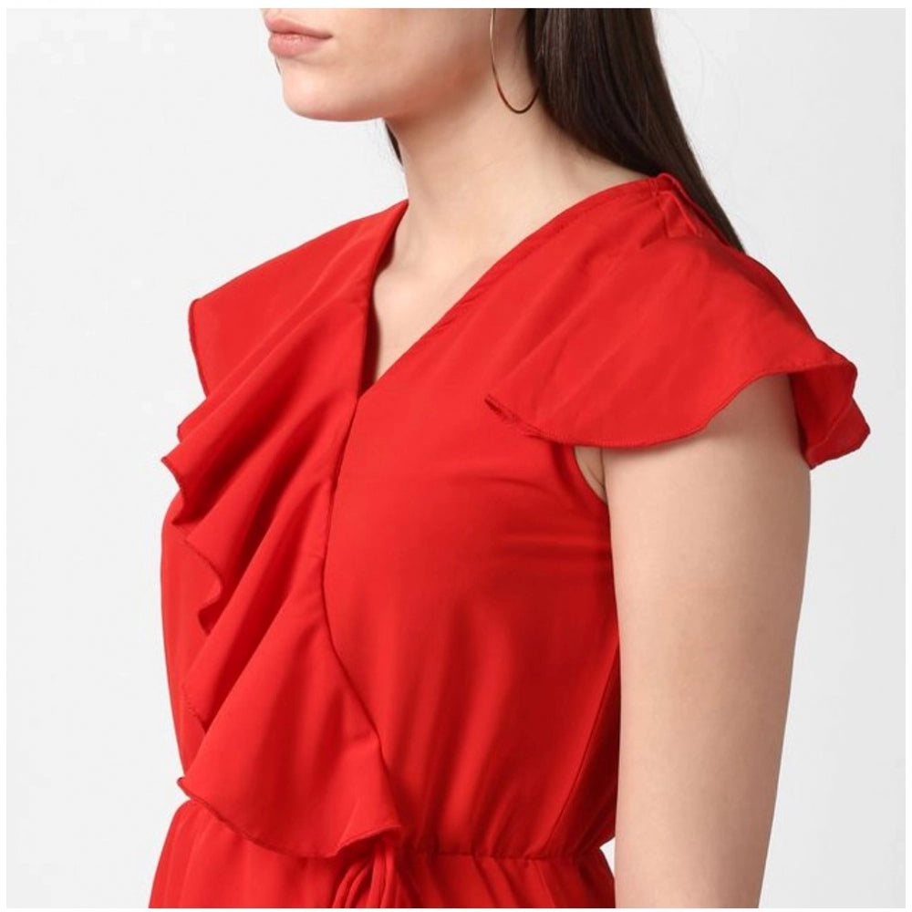 Snuggle Spot Women's Polyester Ruffled Cap Sleeve Knee-Length Dress (Red)