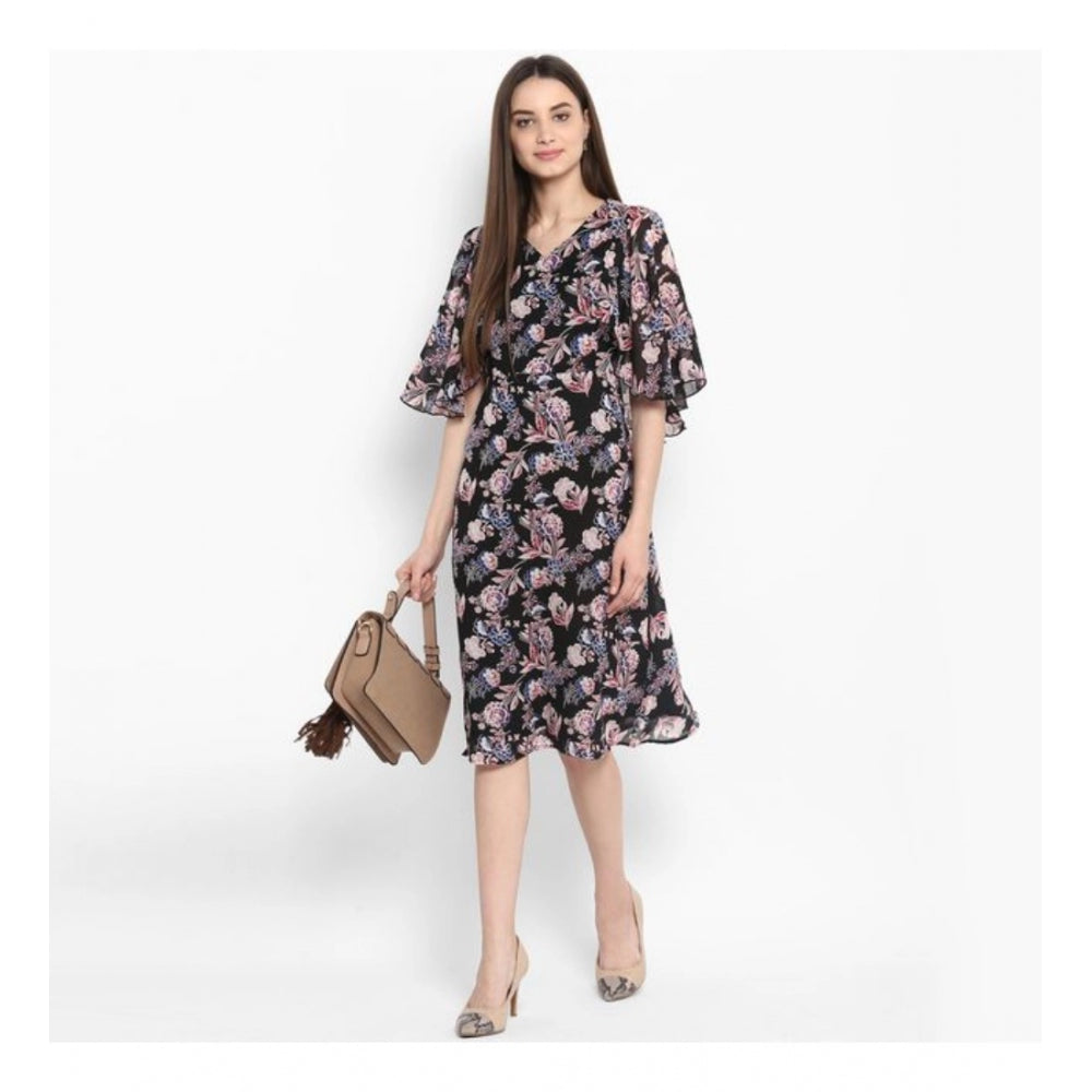 Snuggle Spot Women's Polyester Floral Short Sleeve Knee-Length Dress (Black - Multicolor)